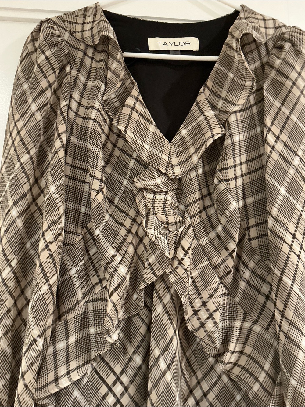 Taylor Olive Plaid Long Sleeve Ruffle Midi Dress with Taupe Accents - Picture 2 of 5